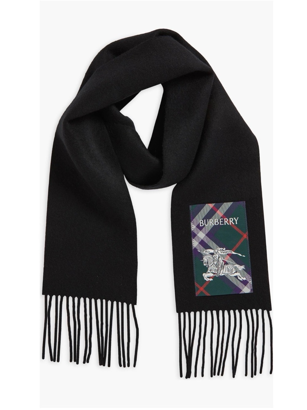 Burberry Equestrian Knight Detail Cashmere Fringe Scarf BLACK NWT